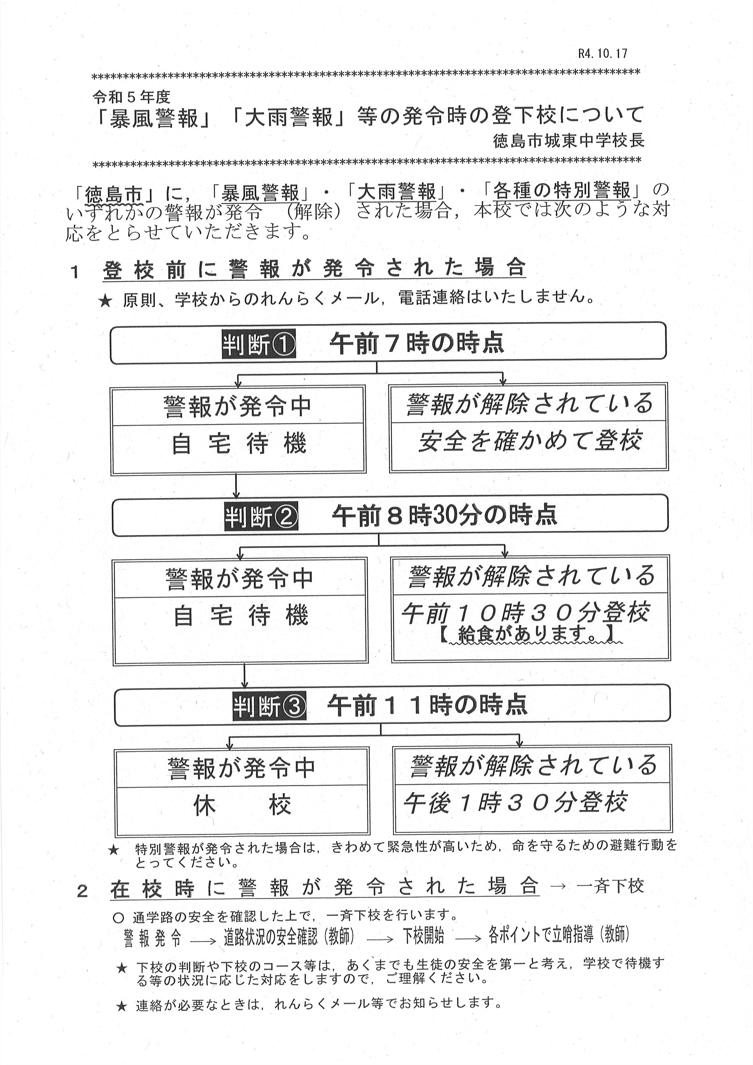 令和5年度警報発令時の対応|徳島市城東中学校